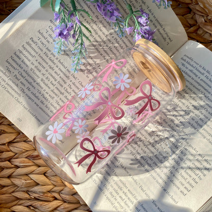 Simple Pink Bow Mug Iced Coffee Glass Cup with Lid and Straw
