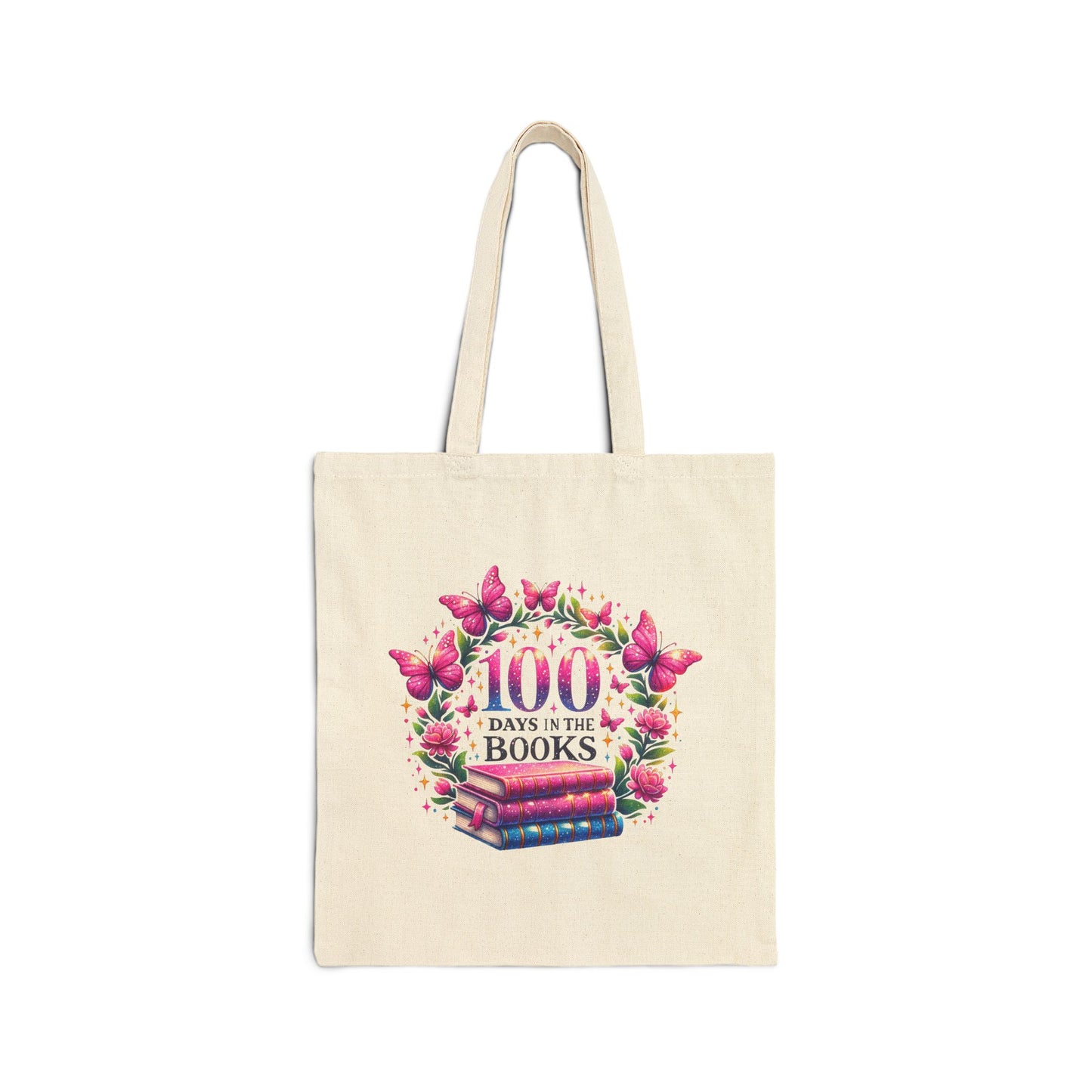 100 Days in the Books Tote Bag — Floral Booklover Cotton Canvas Tote