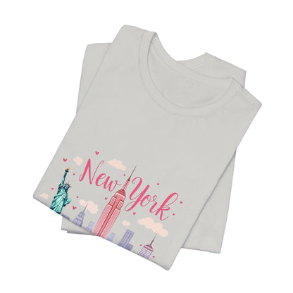 New York City Skyline T-Shirt – Cute Pink Taxi & Statue of Liberty Graphic Tee