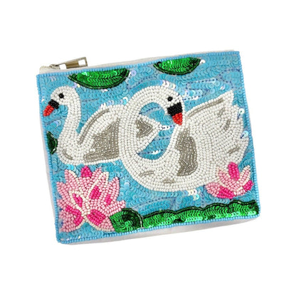 Swans Beaded Pouch Purse