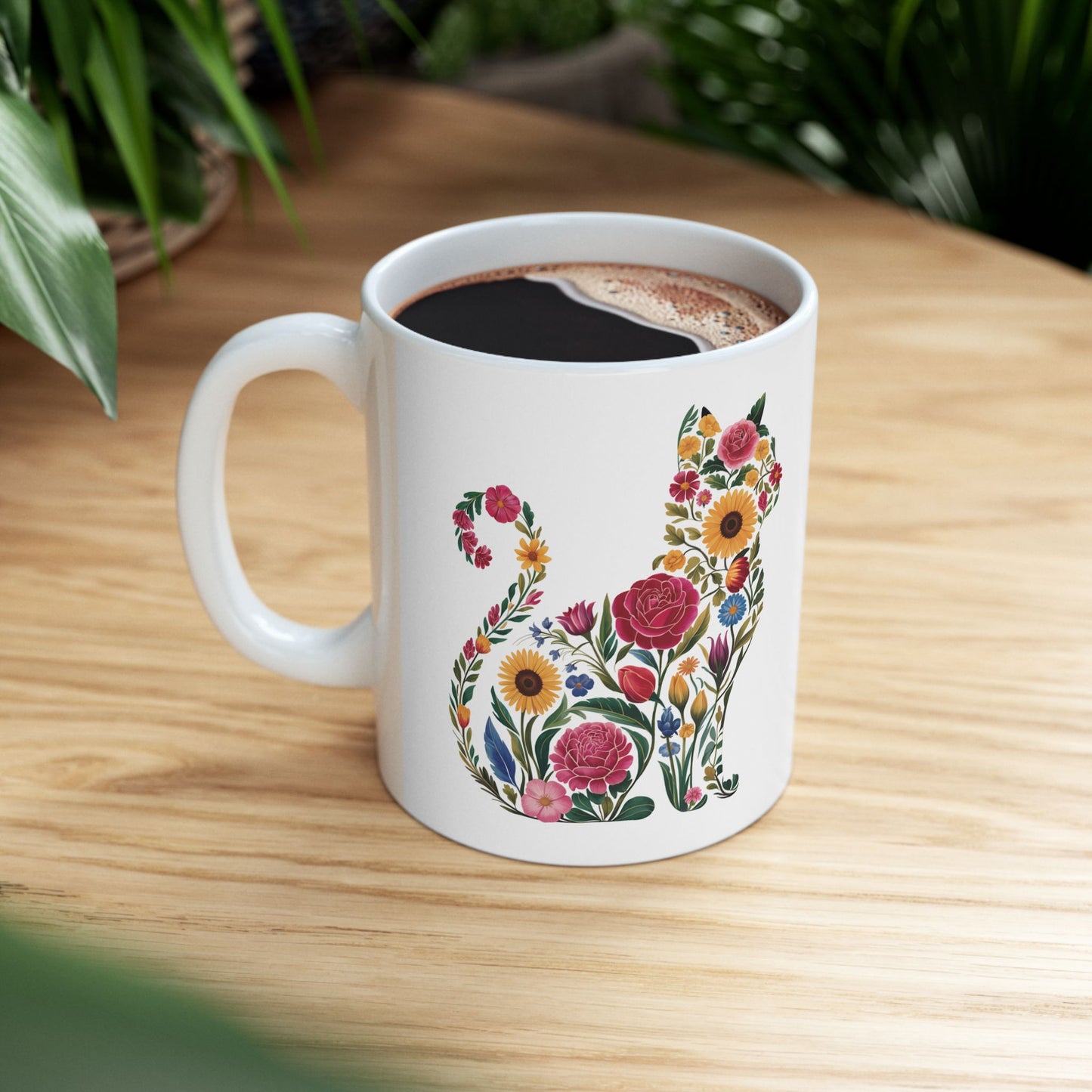 Floral Cat Ceramic Mug – Colorful Botanical Cat Coffee Cup (11oz & 15oz)