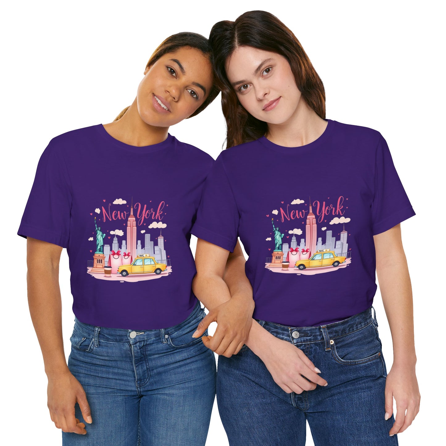 New York City Skyline T-Shirt – Cute Pink Taxi & Statue of Liberty Graphic Tee