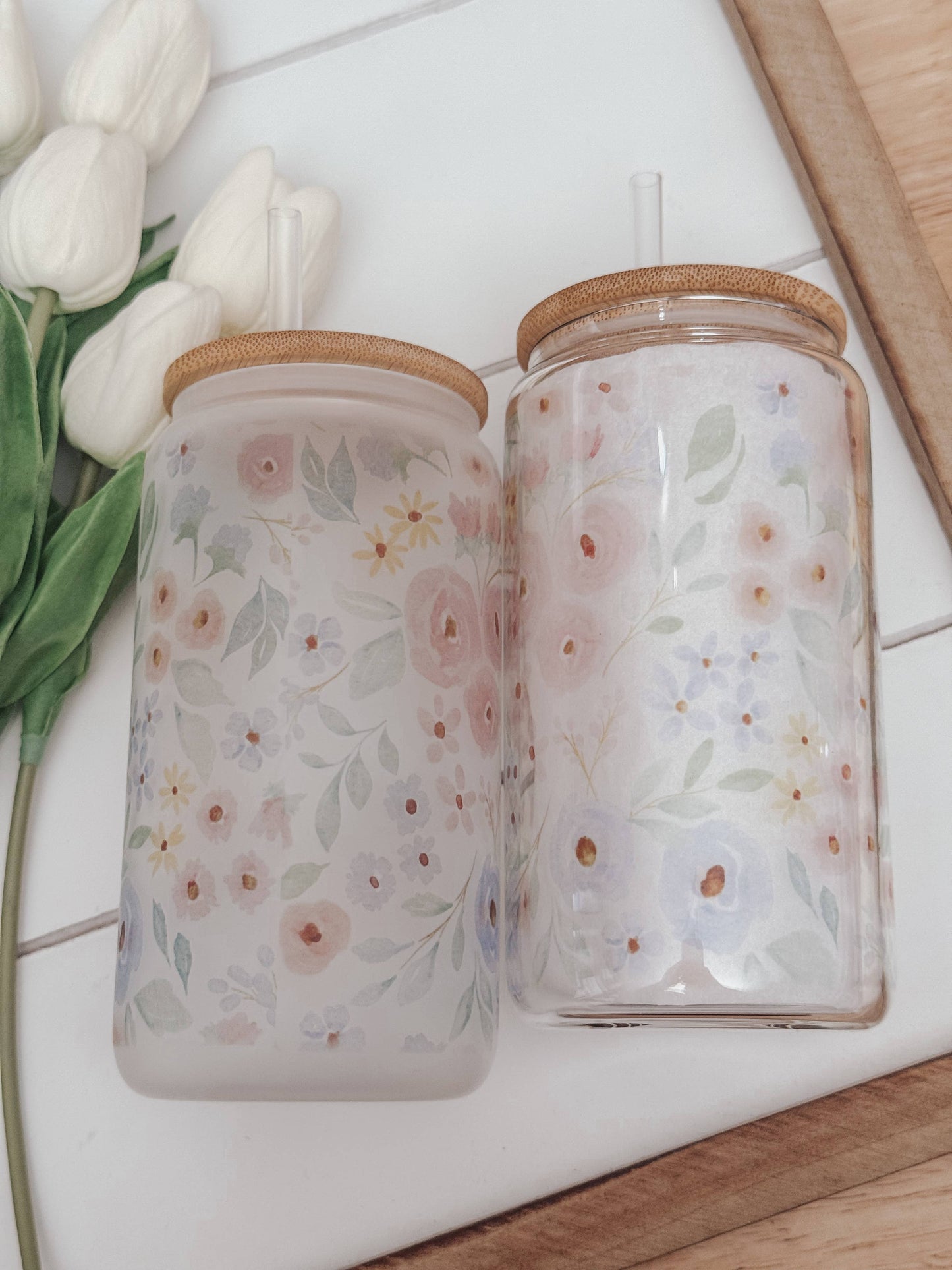 Spring Blooms 16oz Glass Cup with Bamboo Lid: Clear