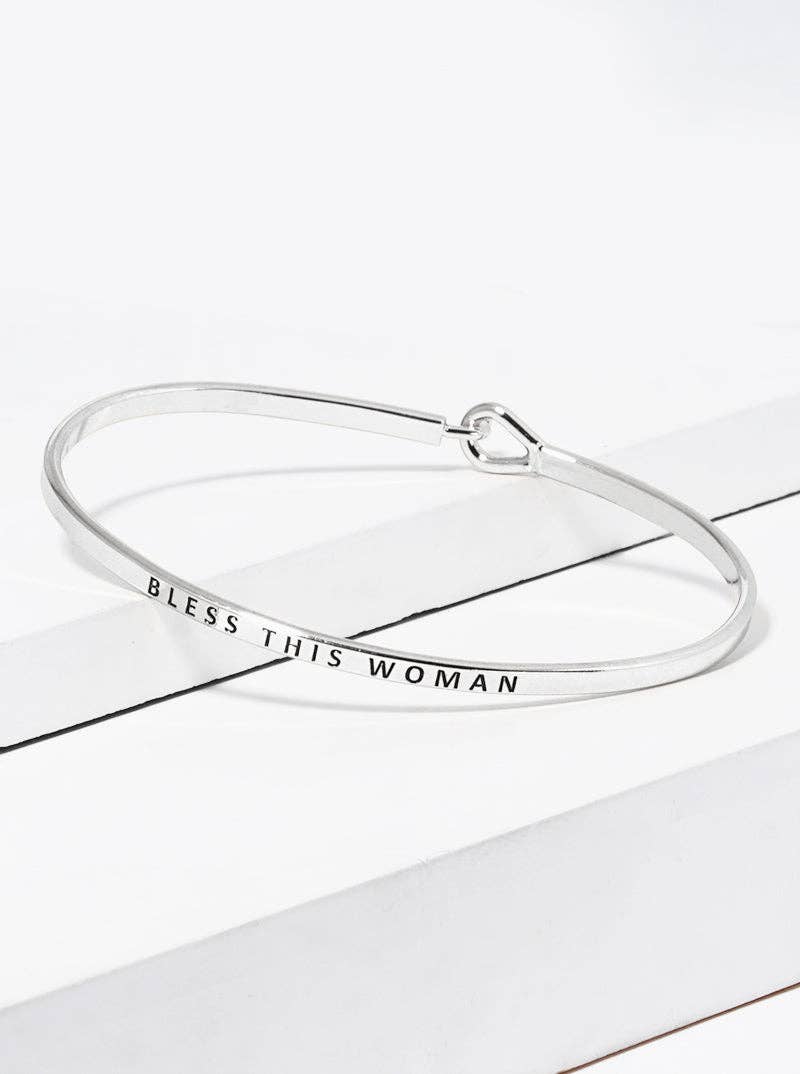 Bless This Woman Engraved Inspirational Bangle Bracelet: Rhodium