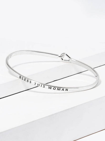 Bless This Woman Engraved Inspirational Bangle Bracelet: Rhodium