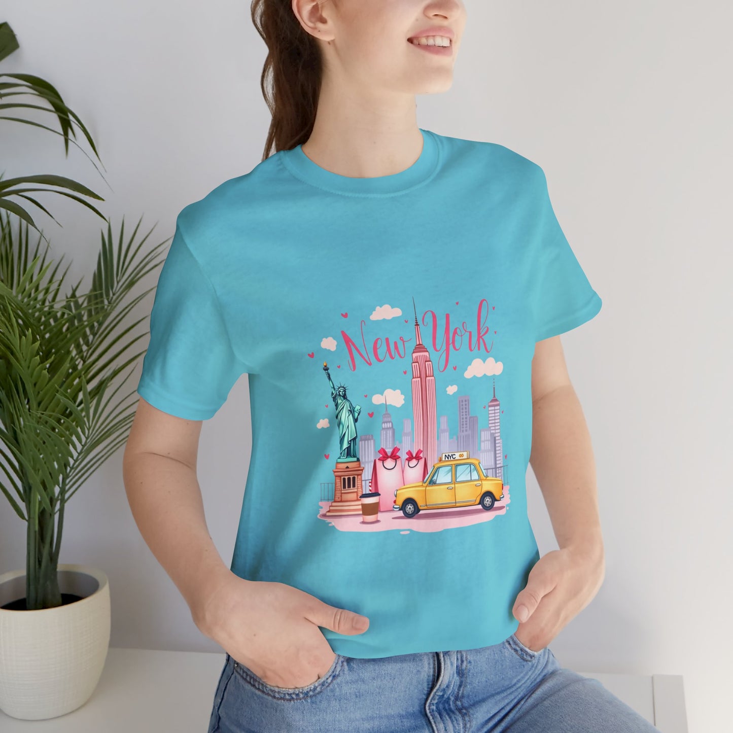 New York City Skyline T-Shirt – Cute Pink Taxi & Statue of Liberty Graphic Tee