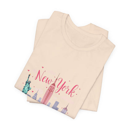 New York City Skyline T-Shirt – Cute Pink Taxi & Statue of Liberty Graphic Tee