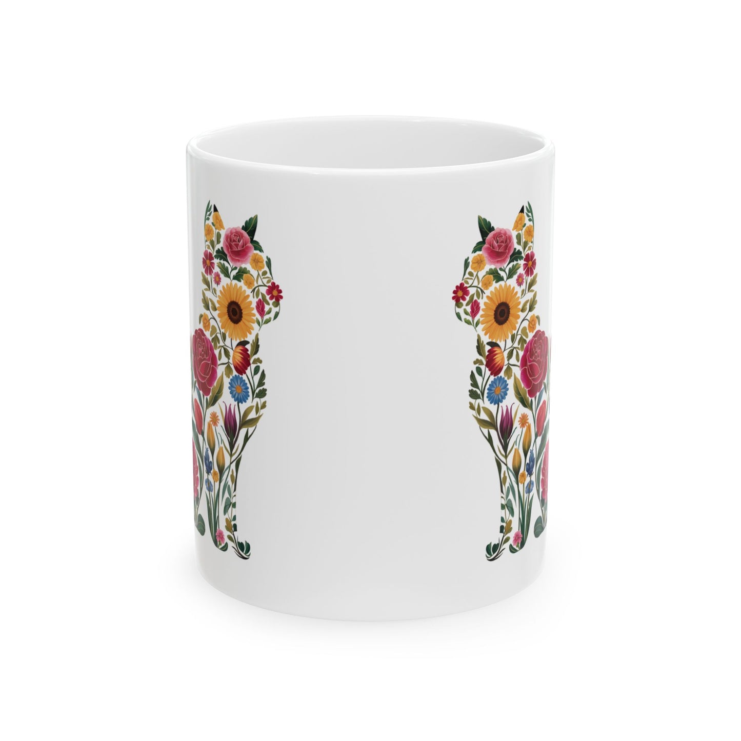 Floral Cat Ceramic Mug – Colorful Botanical Cat Coffee Cup (11oz & 15oz)