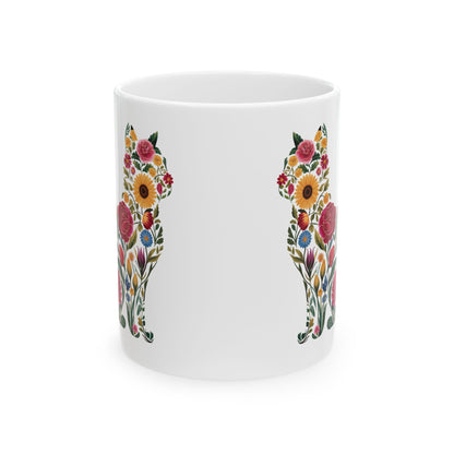 Floral Cat Ceramic Mug – Colorful Botanical Cat Coffee Cup (11oz & 15oz)