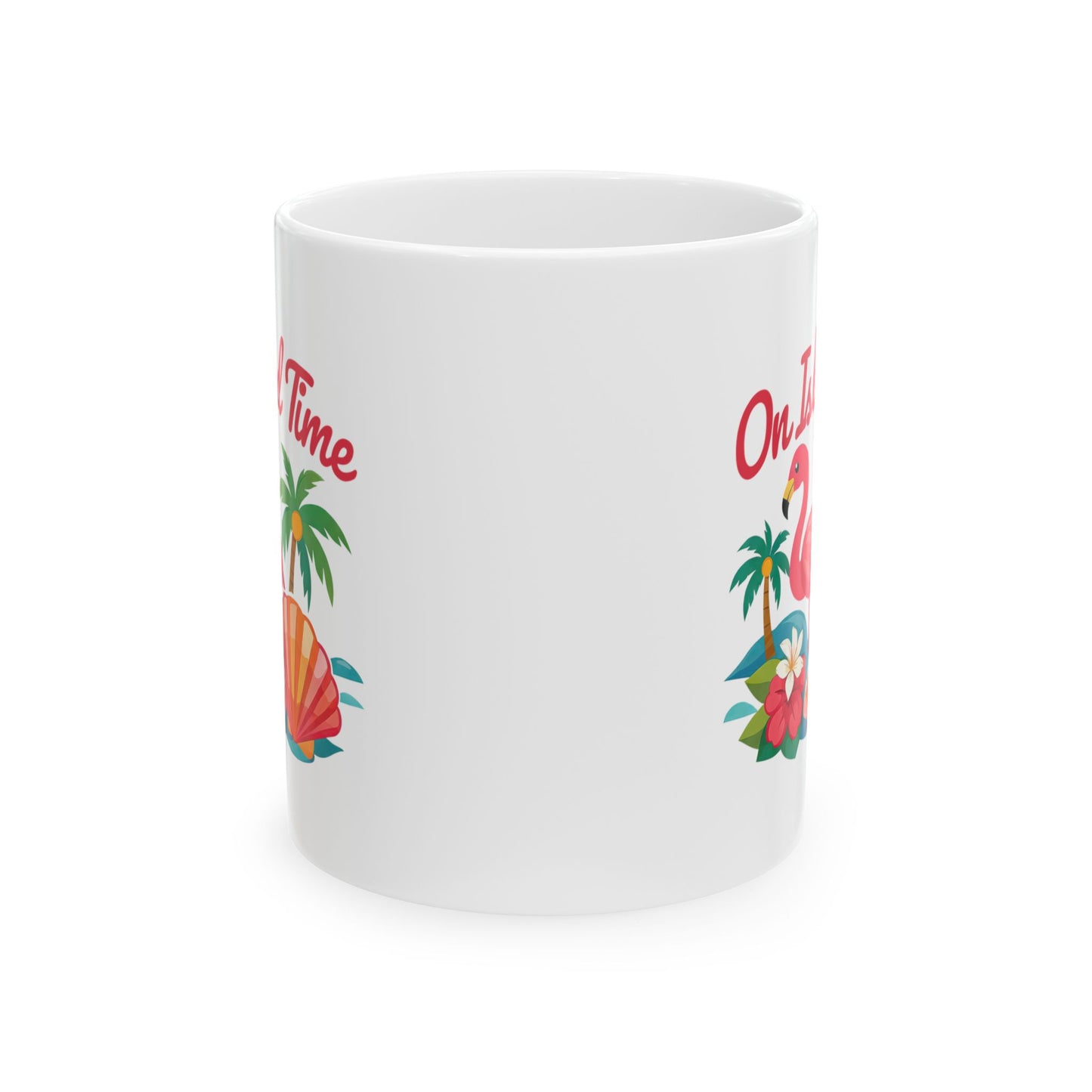 Tropical Flamingo Ceramic Mug — "One Time" Beach Shell Palm Design (11oz/15oz)