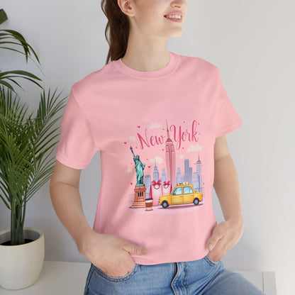 New York City Skyline T-Shirt – Cute Pink Taxi & Statue of Liberty Graphic Tee