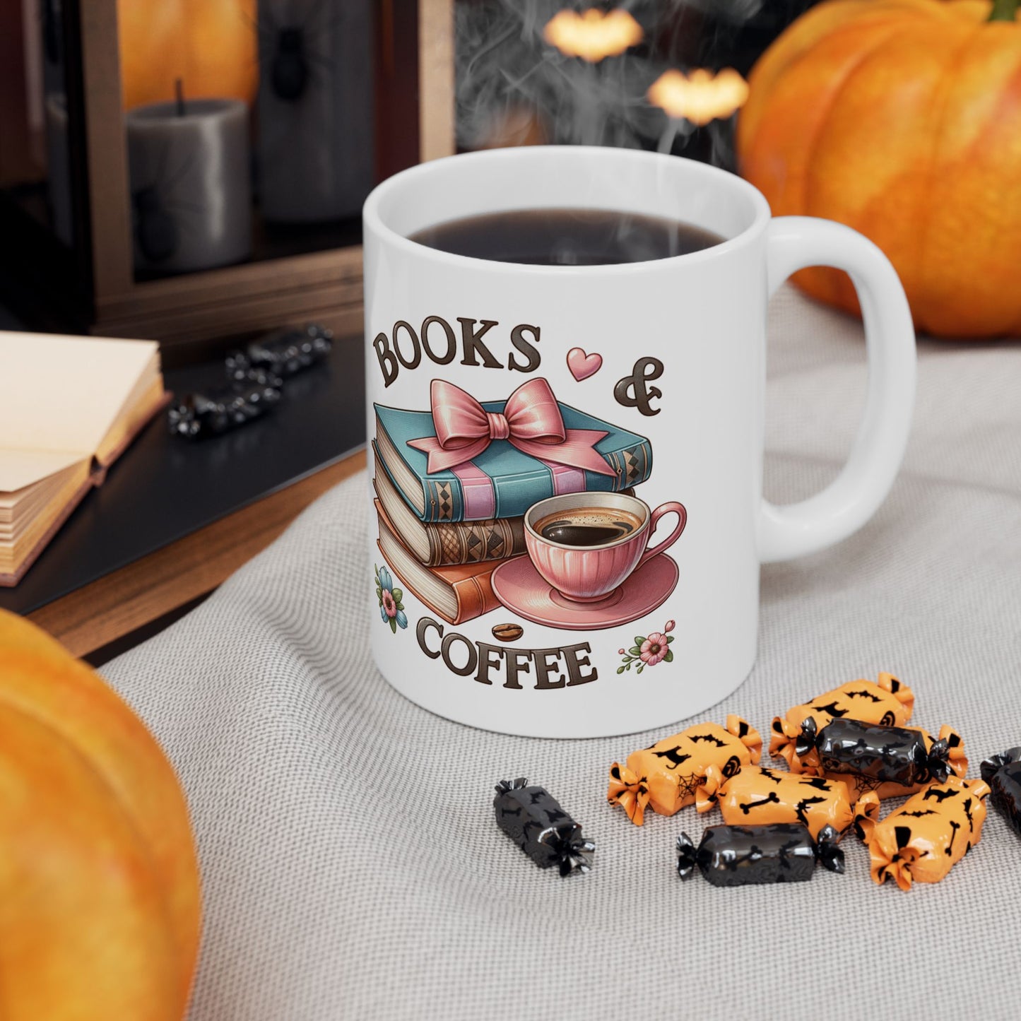 Book Lover Coffee Mug – Retro Stack of Books & Cup Design (11oz, 15oz)