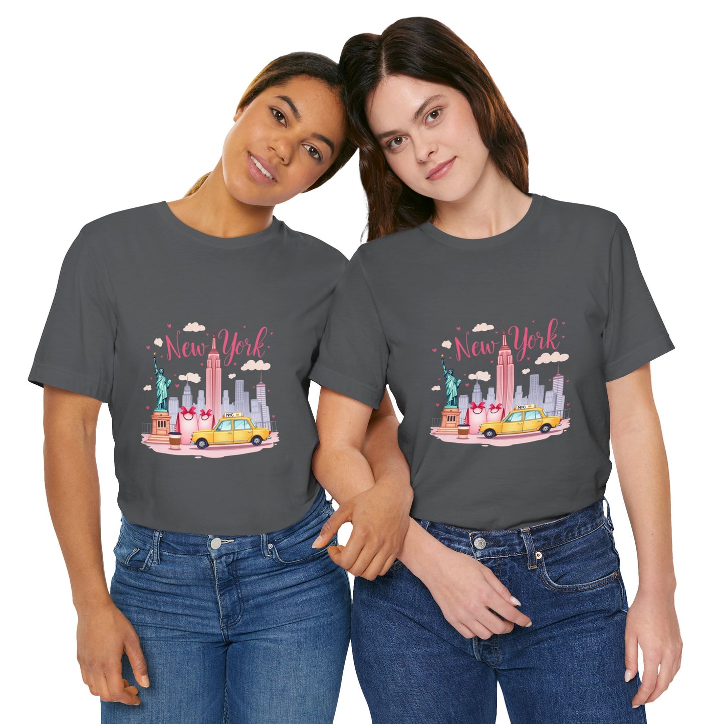 New York City Skyline T-Shirt – Cute Pink Taxi & Statue of Liberty Graphic Tee