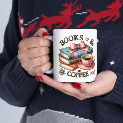 Book Lover Coffee Mug – Retro Stack of Books & Cup Design (11oz, 15oz)