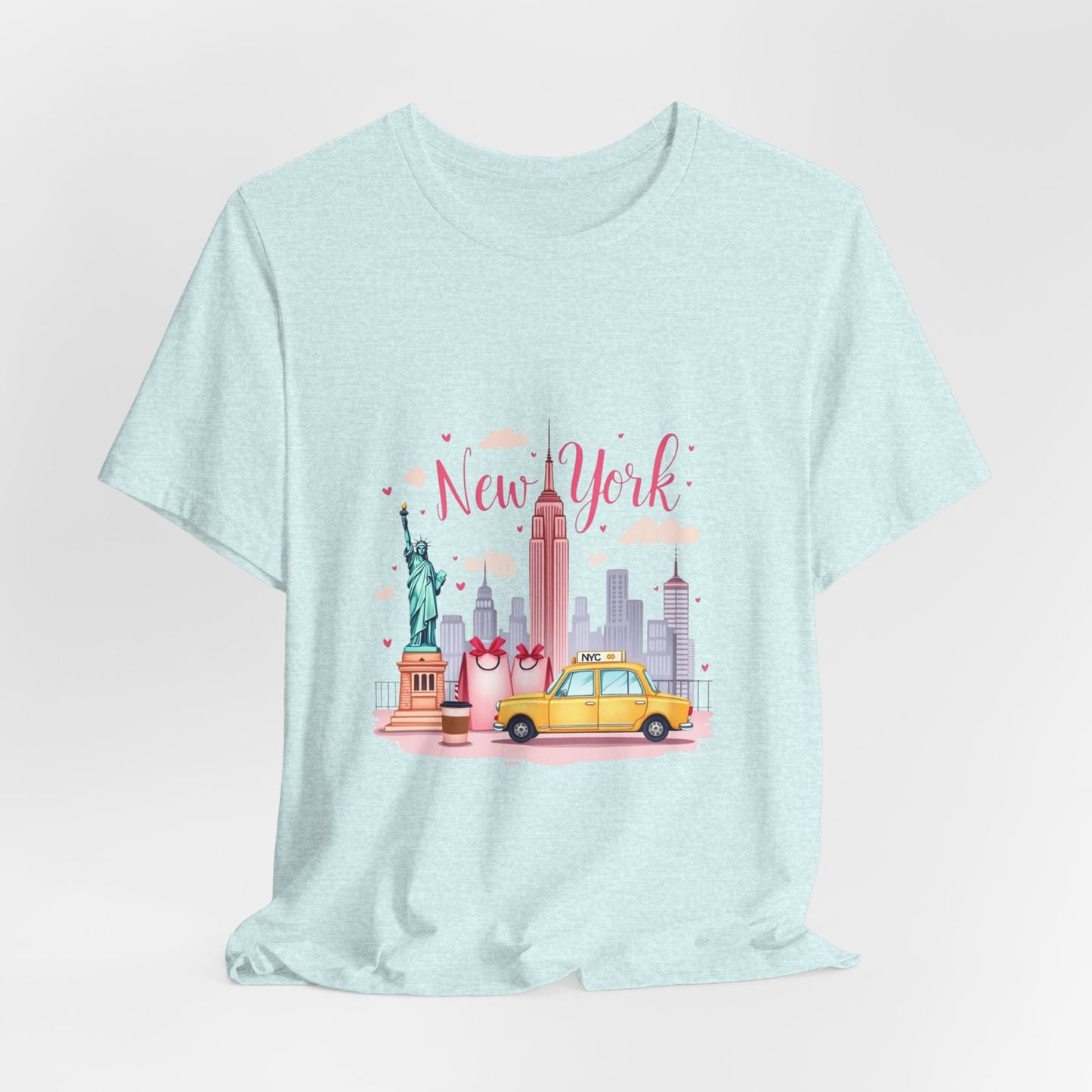 New York City Skyline T-Shirt – Cute Pink Taxi & Statue of Liberty Graphic Tee