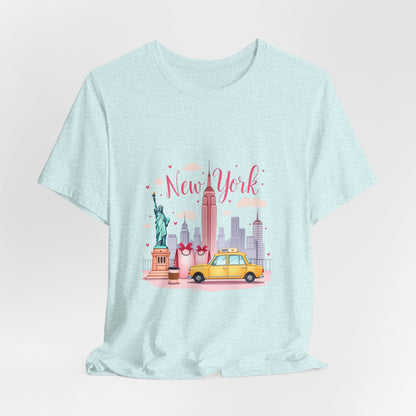 New York City Skyline T-Shirt – Cute Pink Taxi & Statue of Liberty Graphic Tee