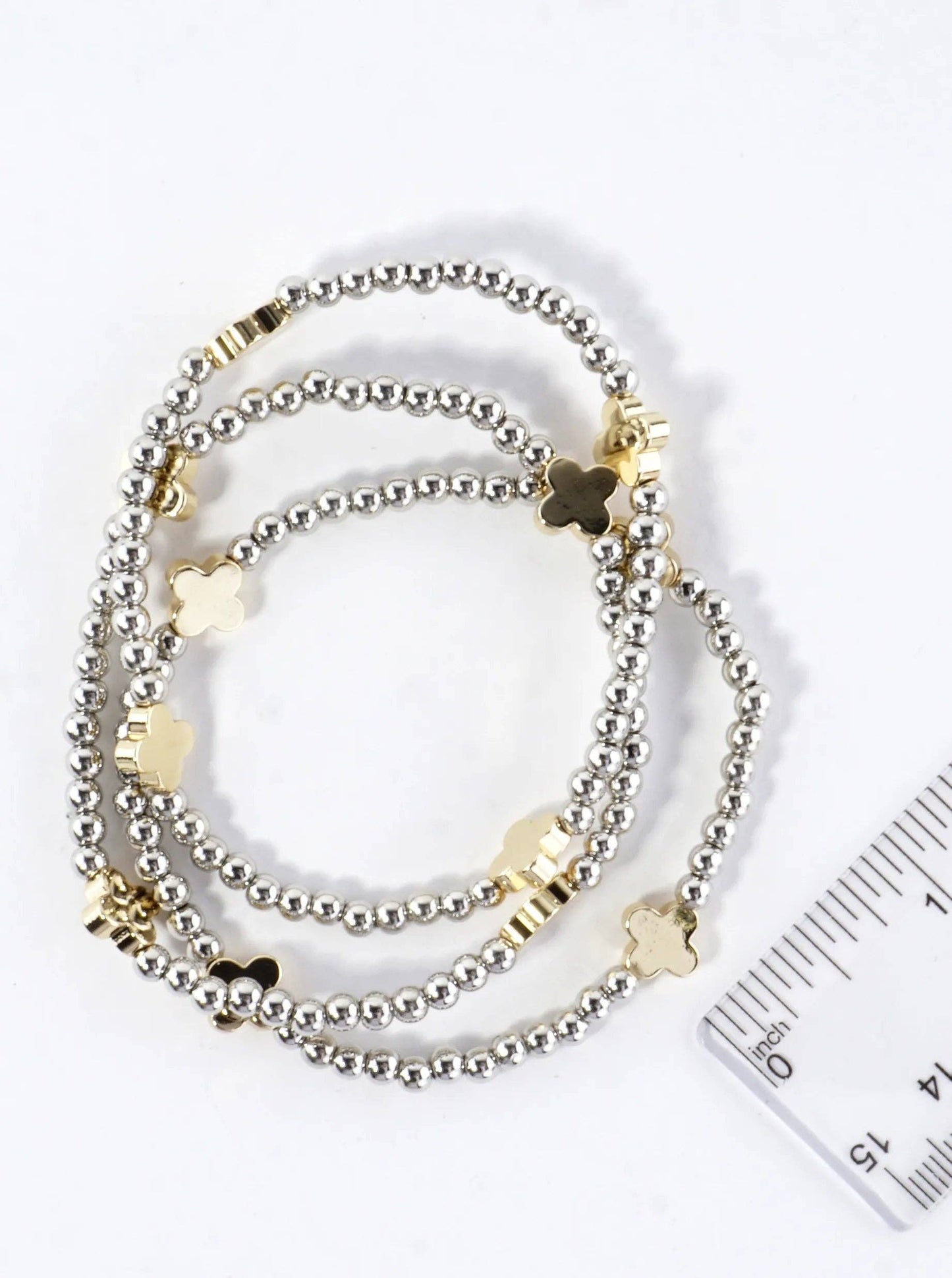 3PC-Set Metallic Beads Quatrefoil Stackable Stretch Bracelets: Rhodium