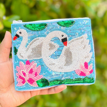 Swans Beaded Pouch Purse