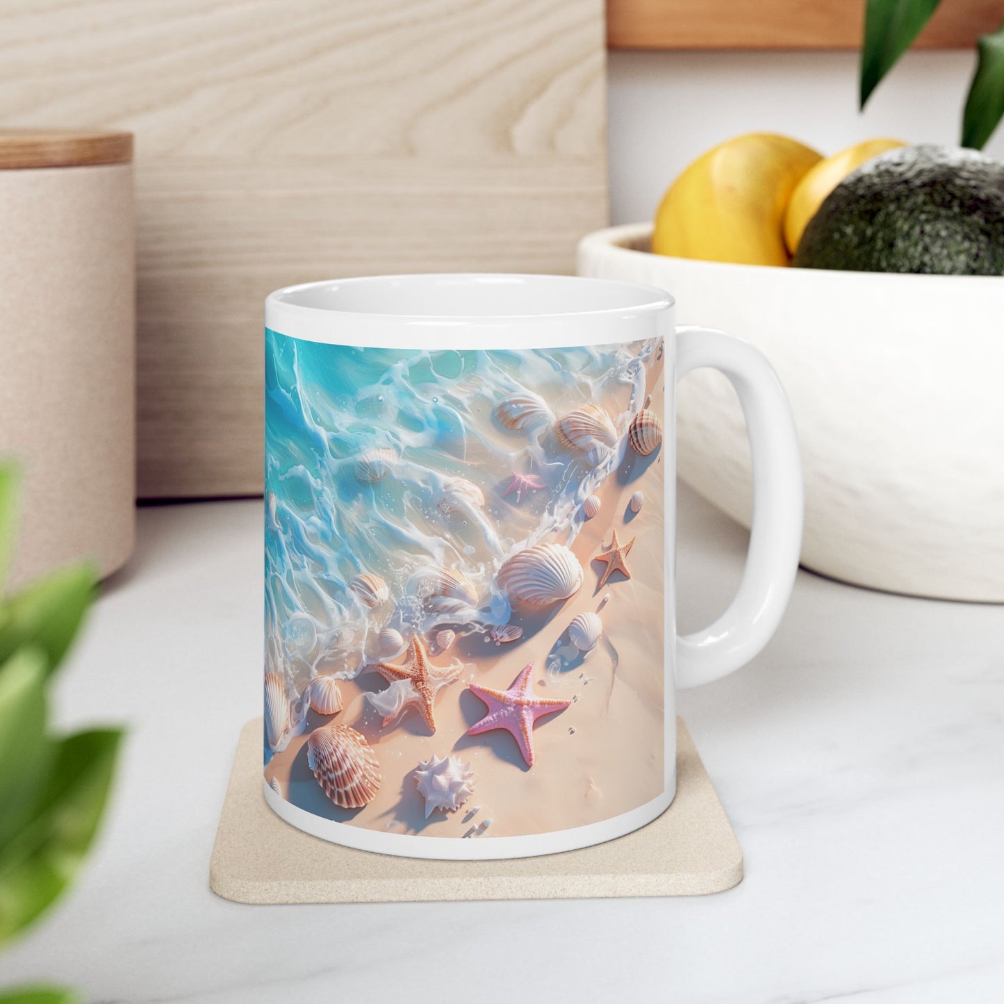 Seashell Shore Ceramic Mug — Ocean Waves Beach Coffee Cup (11oz/15oz)