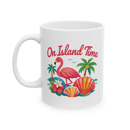 Tropical Flamingo Ceramic Mug — "One Time" Beach Shell Palm Design (11oz/15oz)