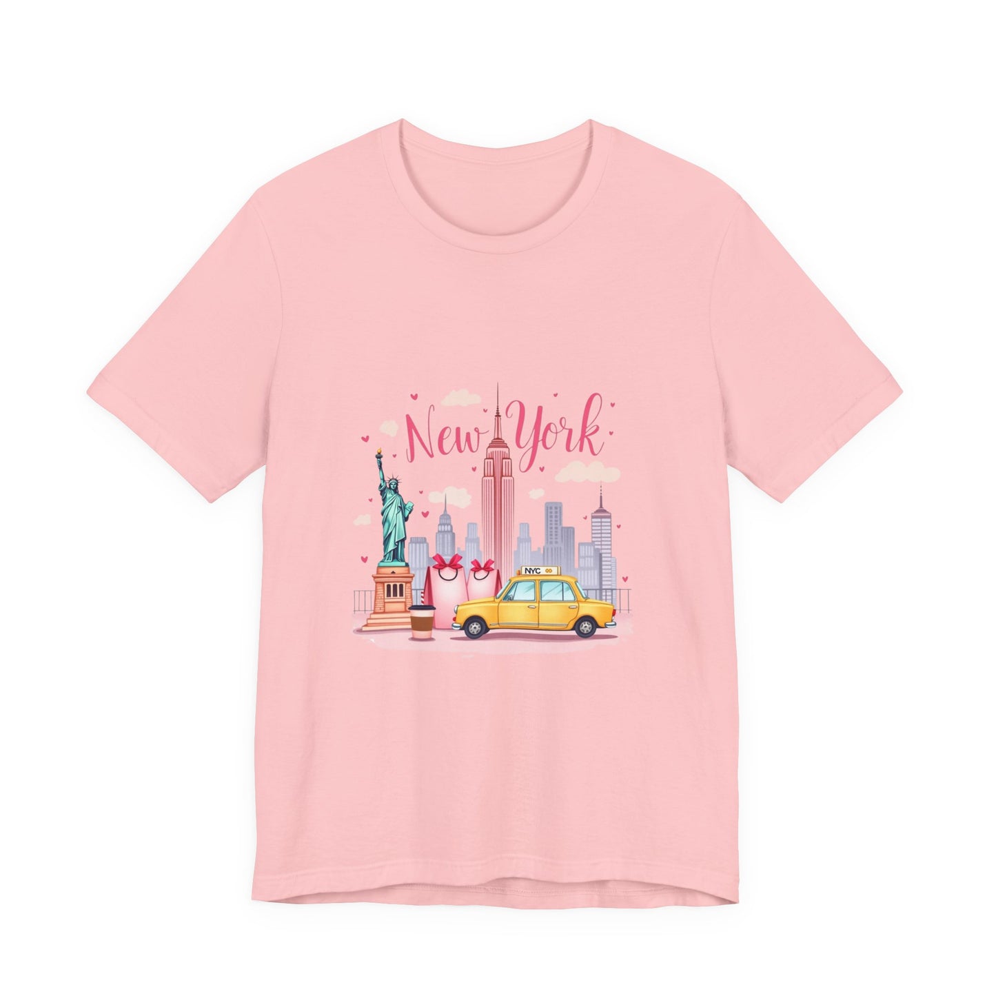 New York City Skyline T-Shirt – Cute Pink Taxi & Statue of Liberty Graphic Tee