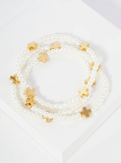 3PC-Set Metallic Beads Cross Stackable Stretch Bracelets: Gold Rhodium