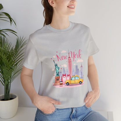 New York City Skyline T-Shirt – Cute Pink Taxi & Statue of Liberty Graphic Tee