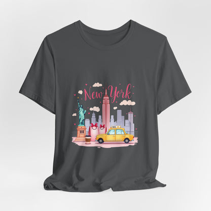 New York City Skyline T-Shirt – Cute Pink Taxi & Statue of Liberty Graphic Tee