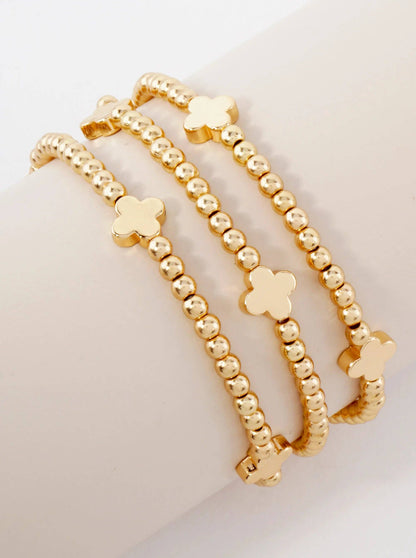 3PC-Set Metallic Beads Quatrefoil Stackable Stretch Bracelets: Rhodium