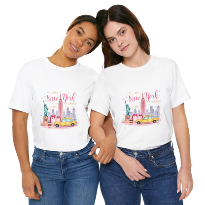 New York City Skyline T-Shirt – Cute Pink Taxi & Statue of Liberty Graphic Tee