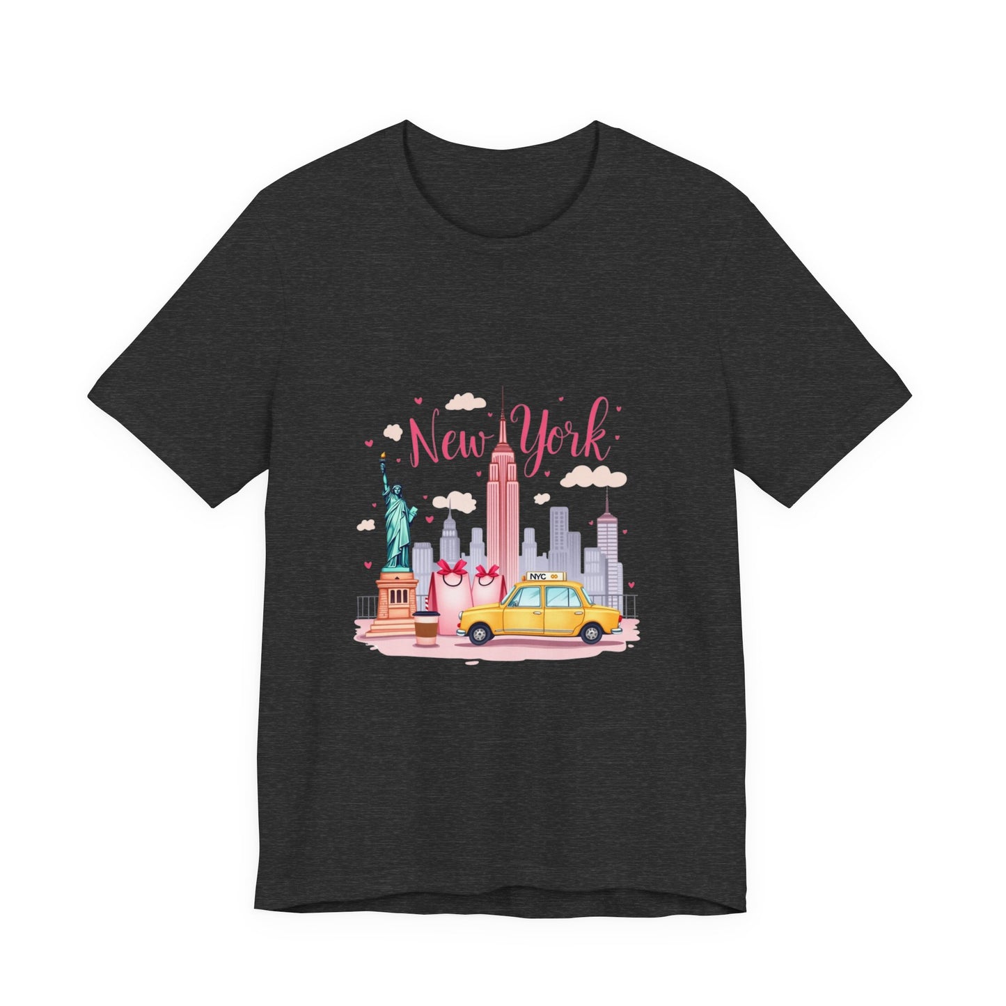New York City Skyline T-Shirt – Cute Pink Taxi & Statue of Liberty Graphic Tee