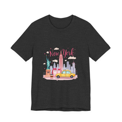 New York City Skyline T-Shirt – Cute Pink Taxi & Statue of Liberty Graphic Tee