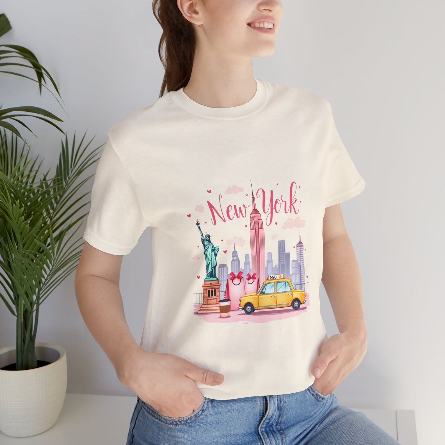 New York City Skyline T-Shirt – Cute Pink Taxi & Statue of Liberty Graphic Tee