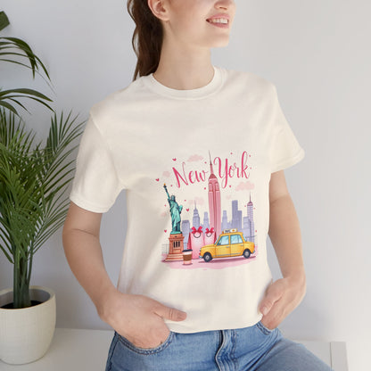 New York City Skyline T-Shirt – Cute Pink Taxi & Statue of Liberty Graphic Tee