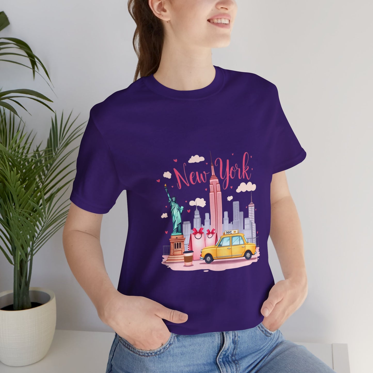 New York City Skyline T-Shirt – Cute Pink Taxi & Statue of Liberty Graphic Tee