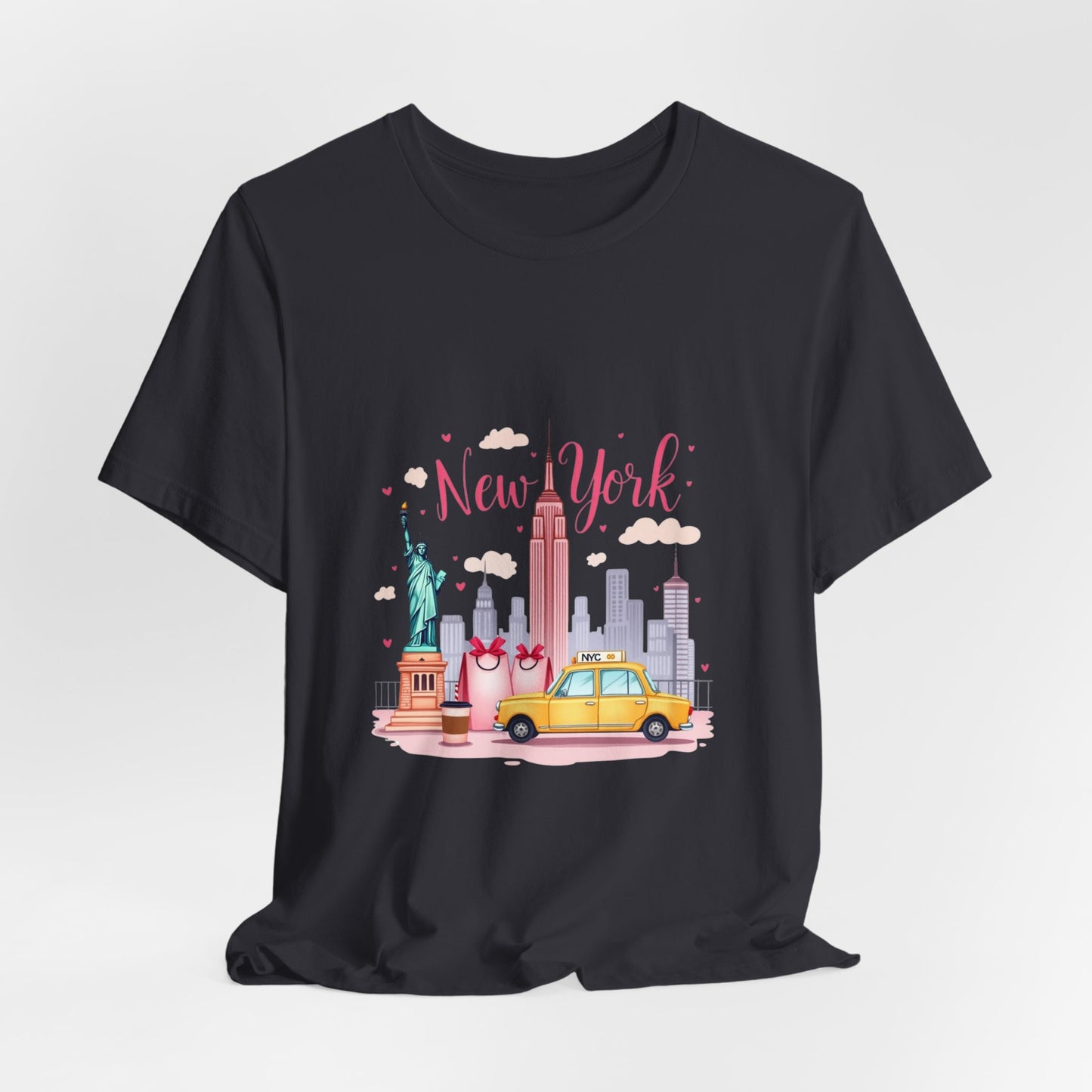 New York City Skyline T-Shirt – Cute Pink Taxi & Statue of Liberty Graphic Tee