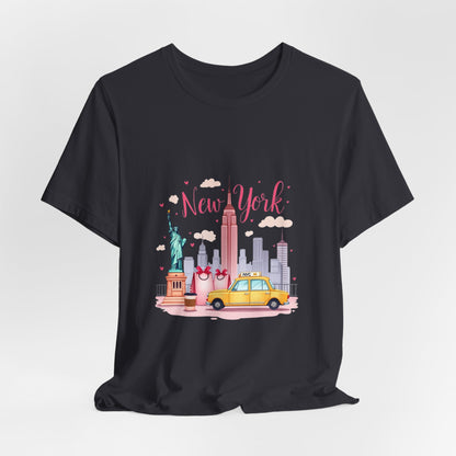 New York City Skyline T-Shirt – Cute Pink Taxi & Statue of Liberty Graphic Tee