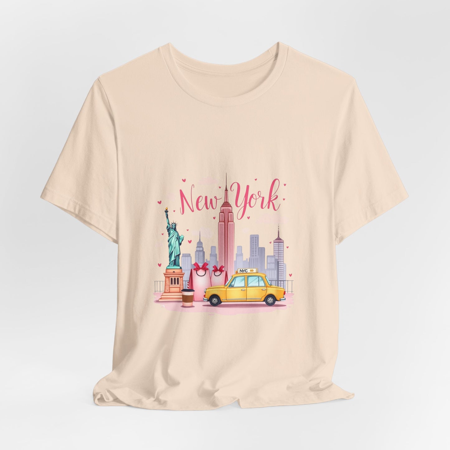 New York City Skyline T-Shirt – Cute Pink Taxi & Statue of Liberty Graphic Tee