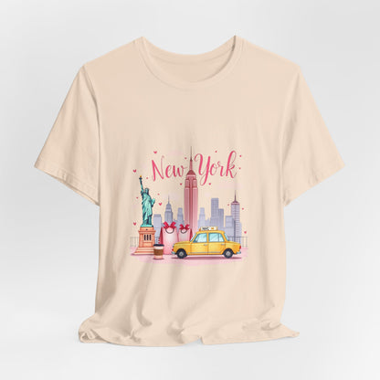 New York City Skyline T-Shirt – Cute Pink Taxi & Statue of Liberty Graphic Tee