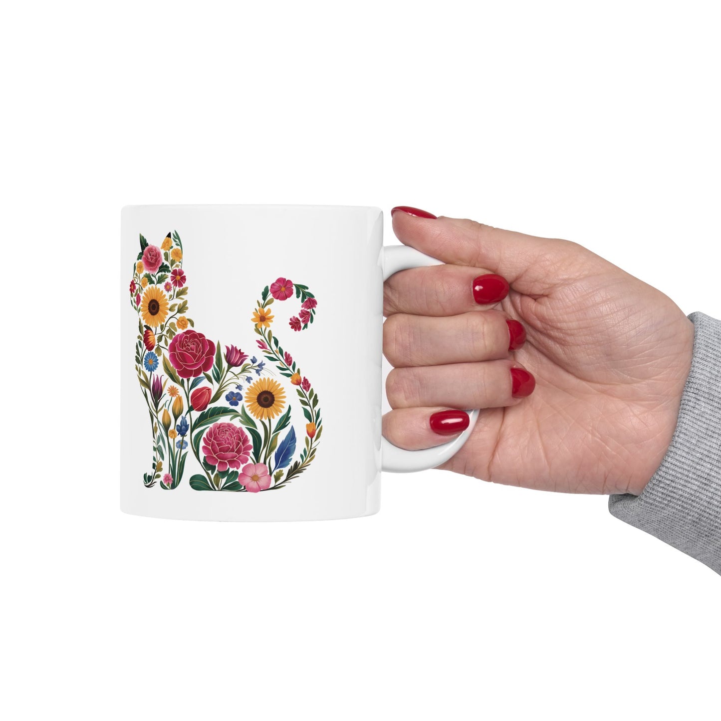 Floral Cat Ceramic Mug – Colorful Botanical Cat Coffee Cup (11oz & 15oz)