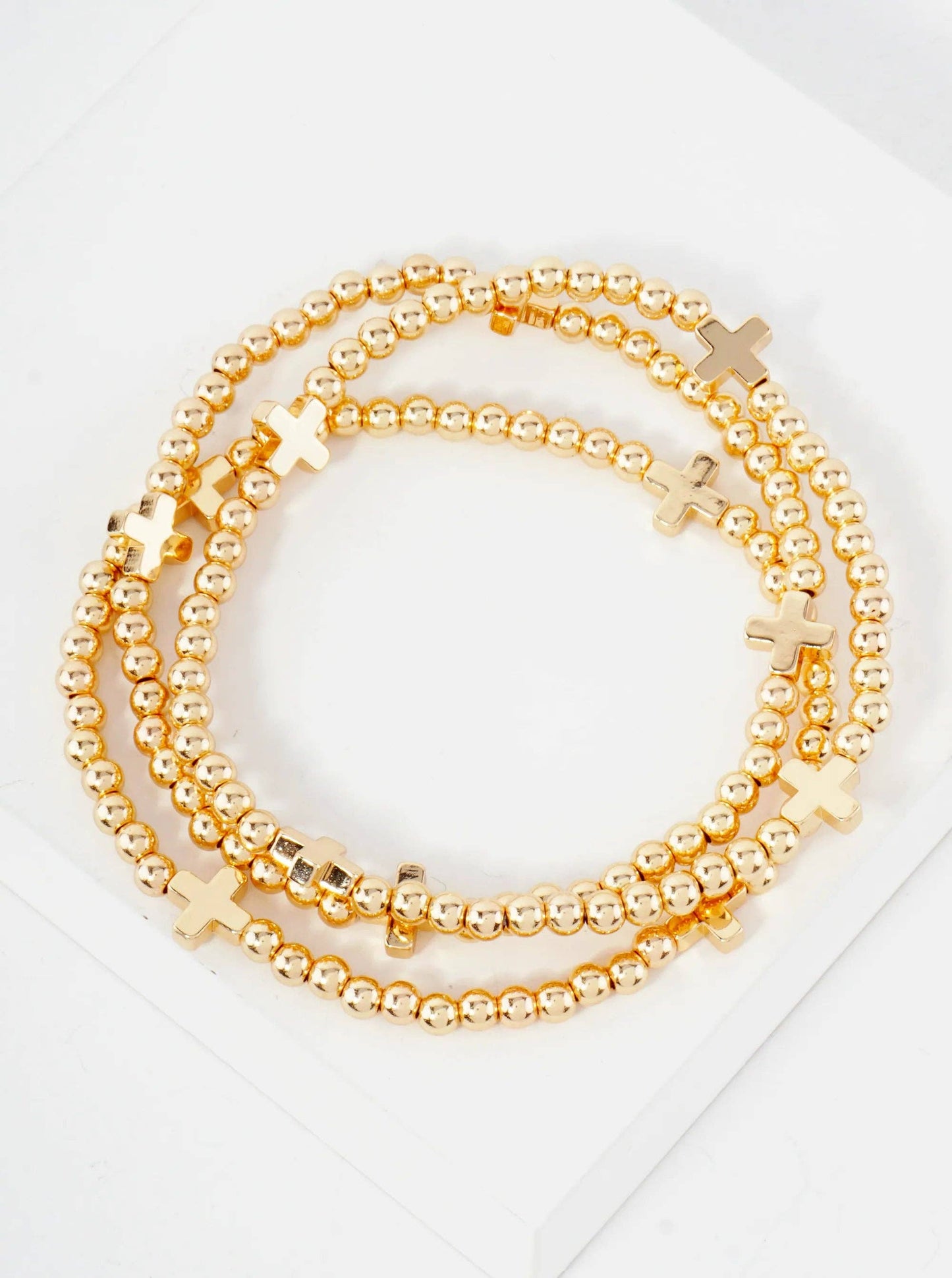3PC-Set Metallic Beads Cross Stackable Stretch Bracelets: Gold Rhodium