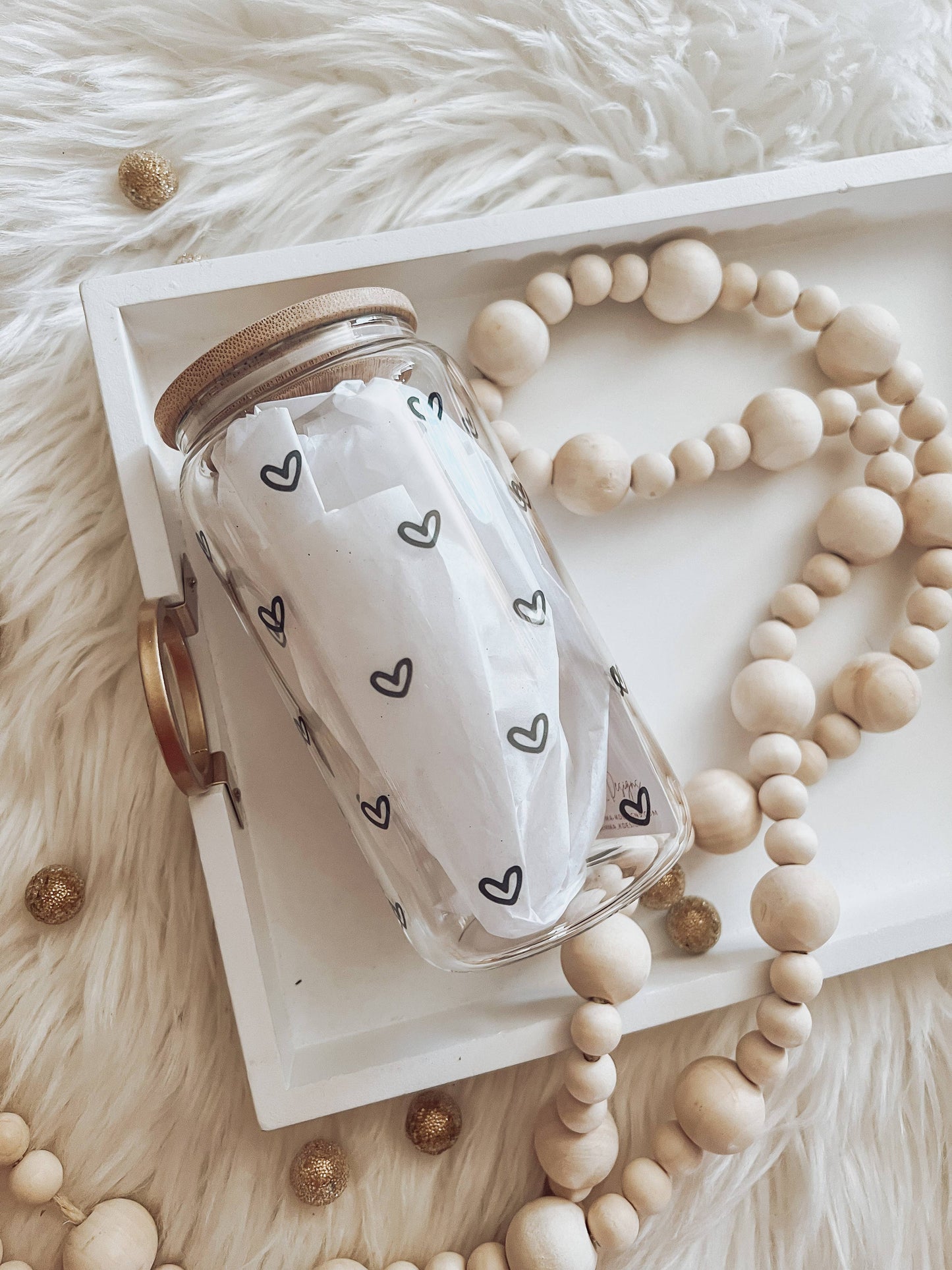 Mini Hearts (black) 16 oz Glass Cup with Bamboo Lid
