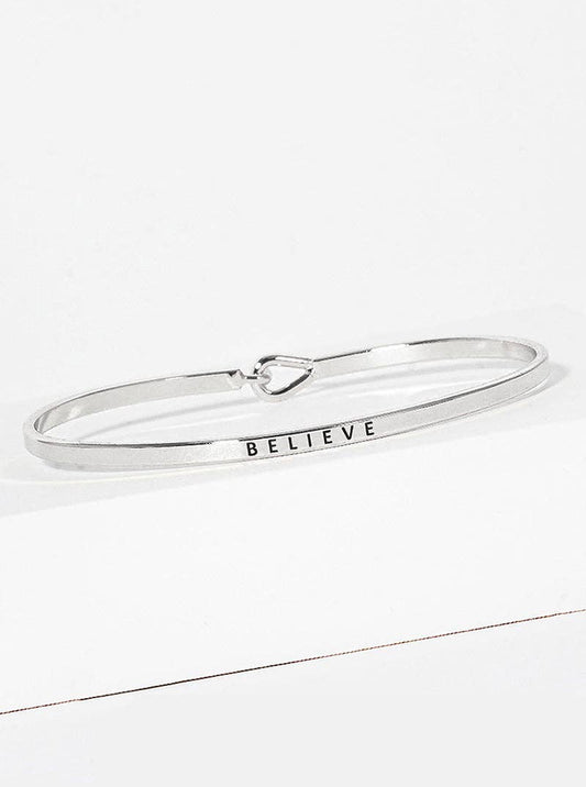 Believe Engraved Inspirational Bangle Bracelet: Rhodium