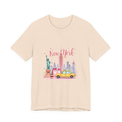 New York City Skyline T-Shirt – Cute Pink Taxi & Statue of Liberty Graphic Tee