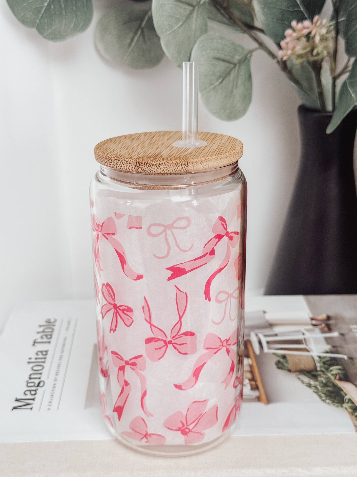 Pink Bows #2 16oz Glass Cup with Bamboo Lid: Frosted