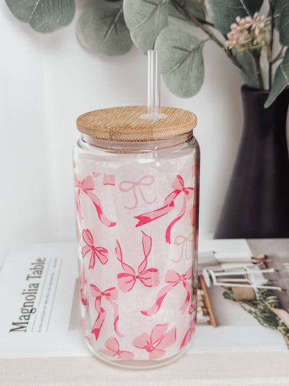 Pink Bows #2 16oz Glass Cup with Bamboo Lid: Frosted