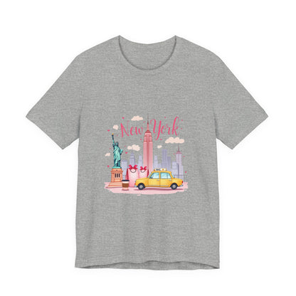 New York City Skyline T-Shirt – Cute Pink Taxi & Statue of Liberty Graphic Tee