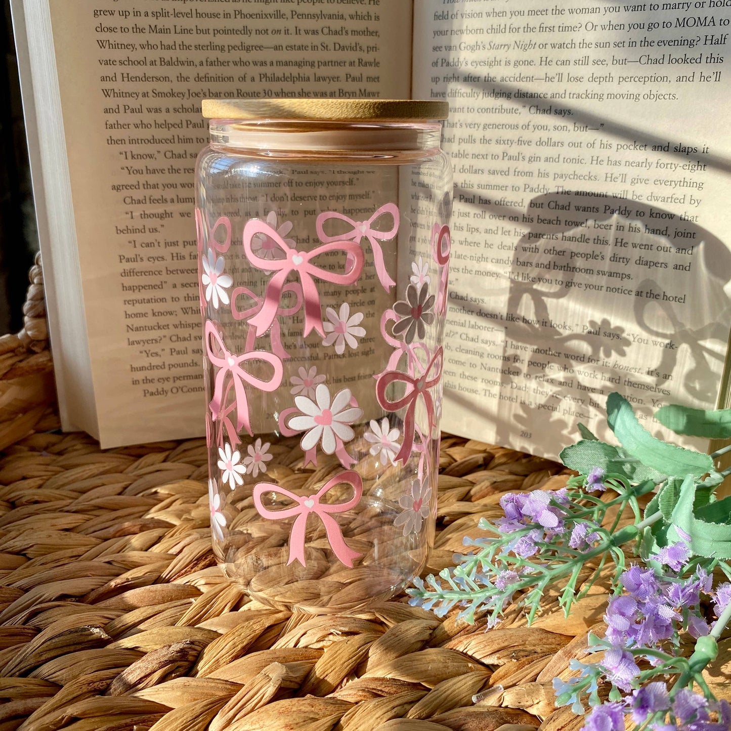 Simple Pink Bow Mug Iced Coffee Glass Cup with Lid and Straw