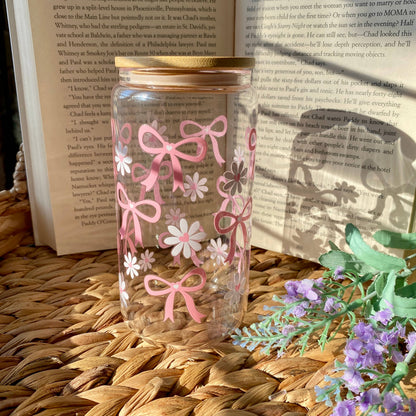 Simple Pink Bow Mug Iced Coffee Glass Cup with Lid and Straw