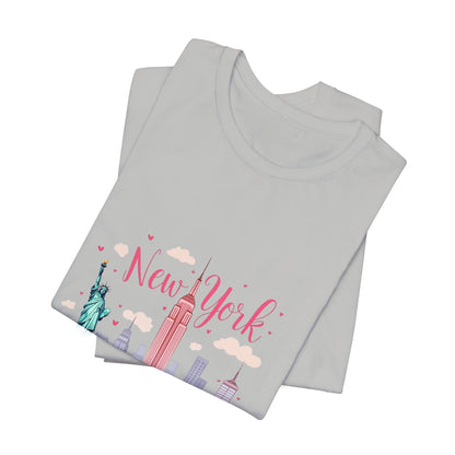 New York City Skyline T-Shirt – Cute Pink Taxi & Statue of Liberty Graphic Tee